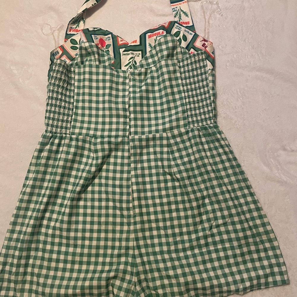 Unique Vintage Green Gingham Halter Romper with Fruit Print Trim - Picture 2 of 6